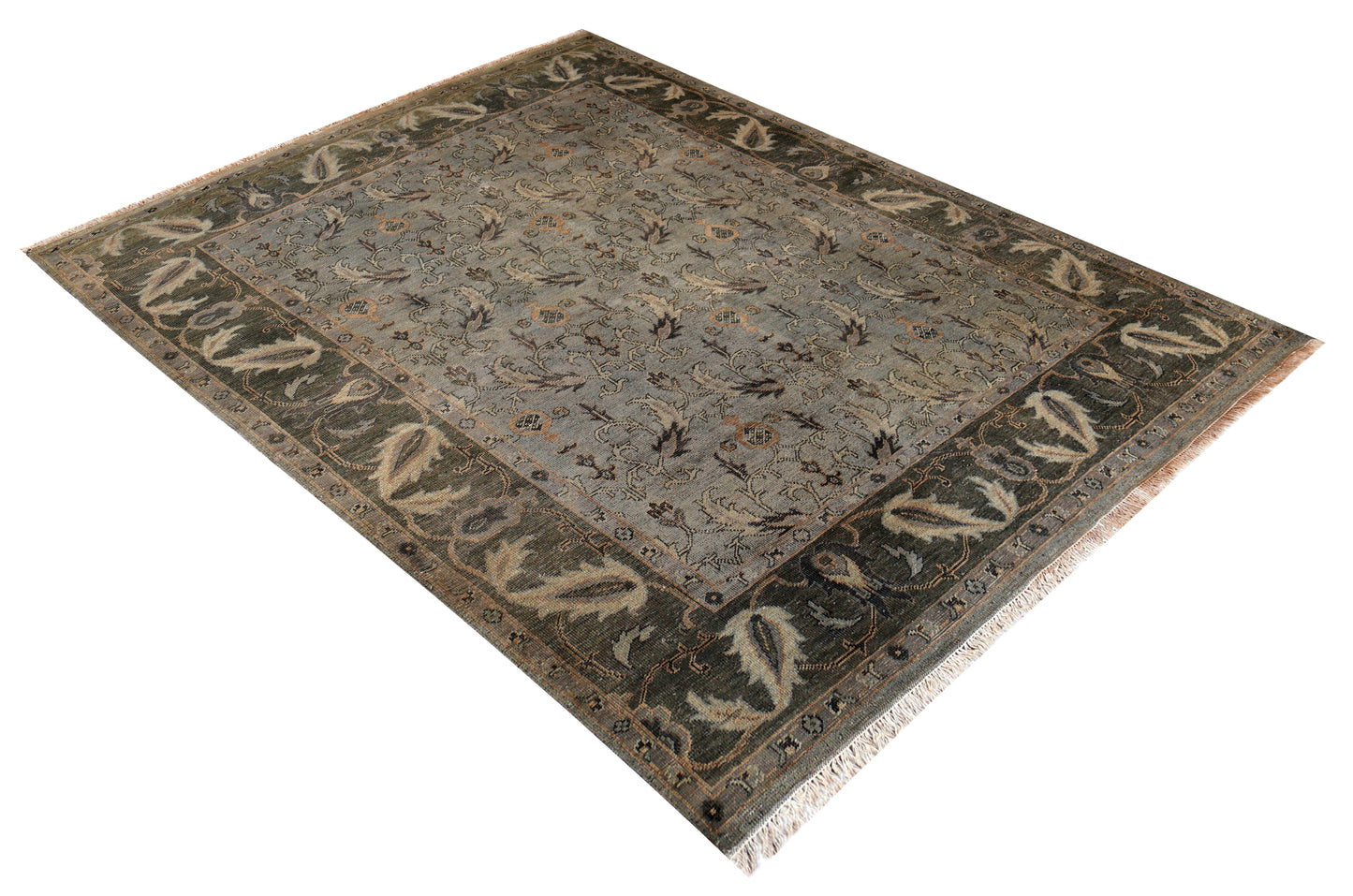 Antique Washed Blue Grey Sage Green Ivory Turkish Ziegler Floral Vine Hand Knotted Wool 8x10 Bhadohi Area Rug
