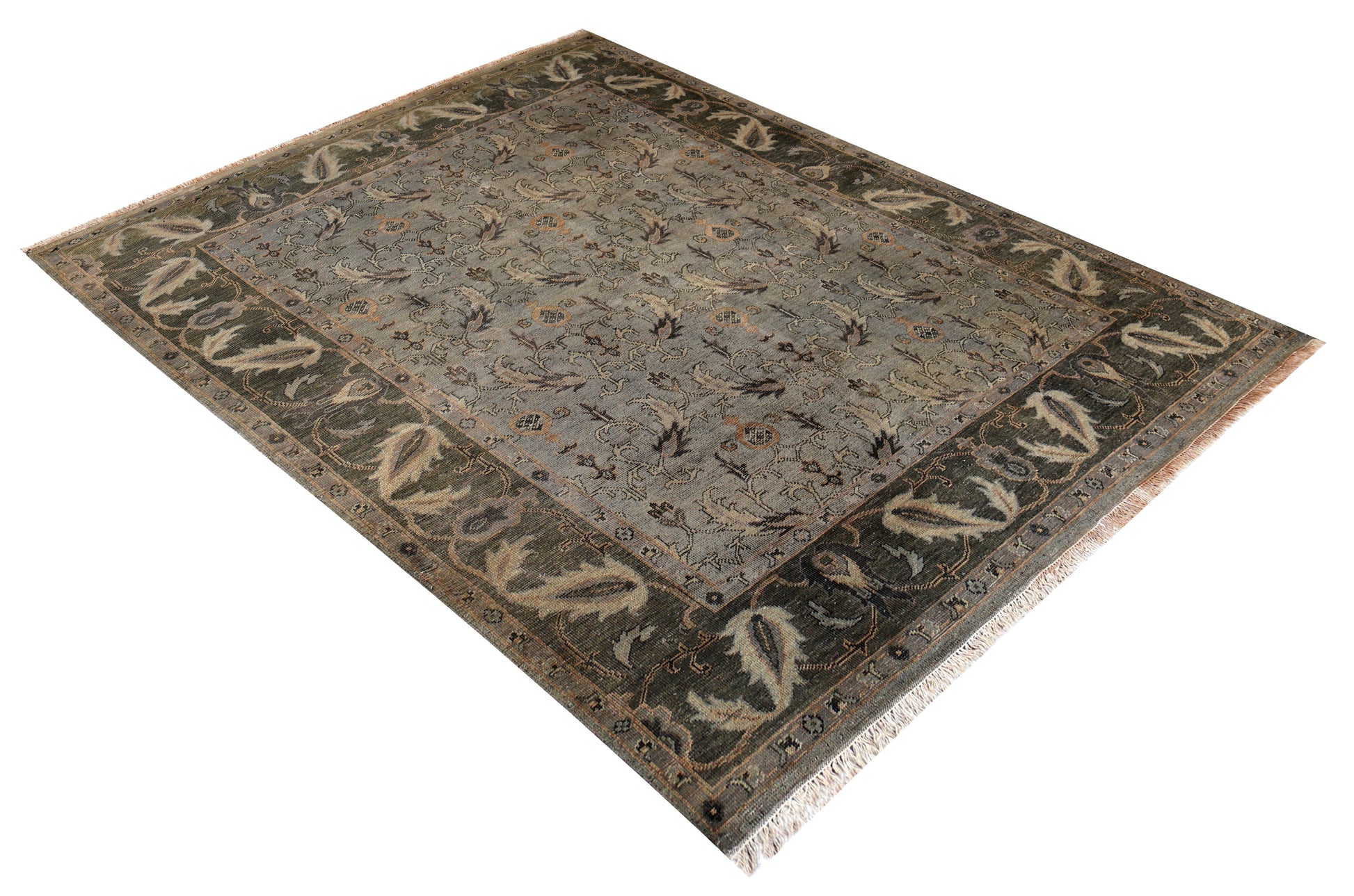 Antique Washed Blue Grey Sage Green Ivory Turkish Ziegler Floral Vine Hand Knotted Wool 8x10 Bhadohi Area Rug