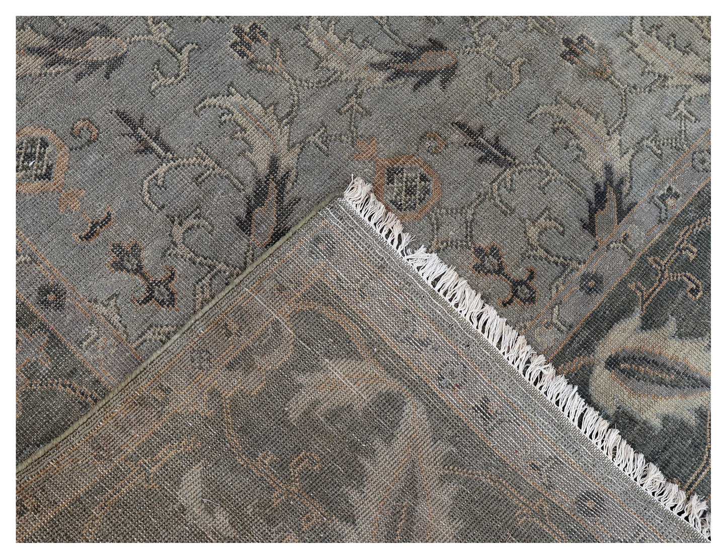 Antique Washed Blue Grey Sage Green Ivory Turkish Ziegler Floral Vine Hand Knotted Wool 8x10 Bhadohi Area Rug