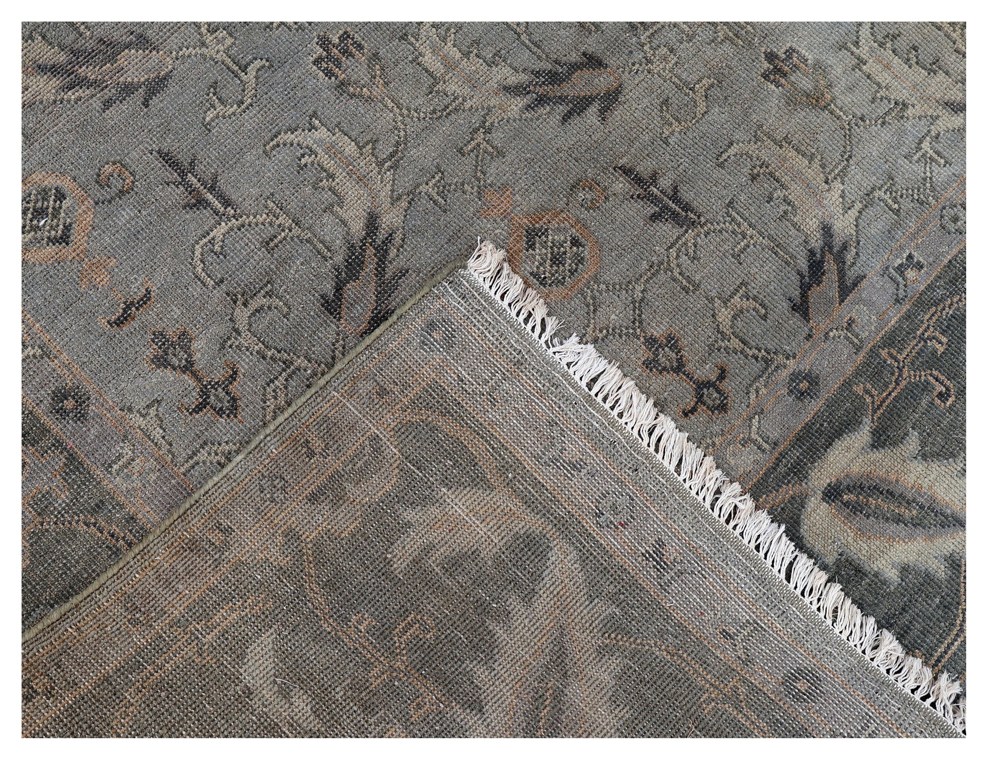Antique Washed Blue Grey Sage Green Ivory Turkish Ziegler Floral Vine Hand Knotted Wool 8x10 Bhadohi Area Rug