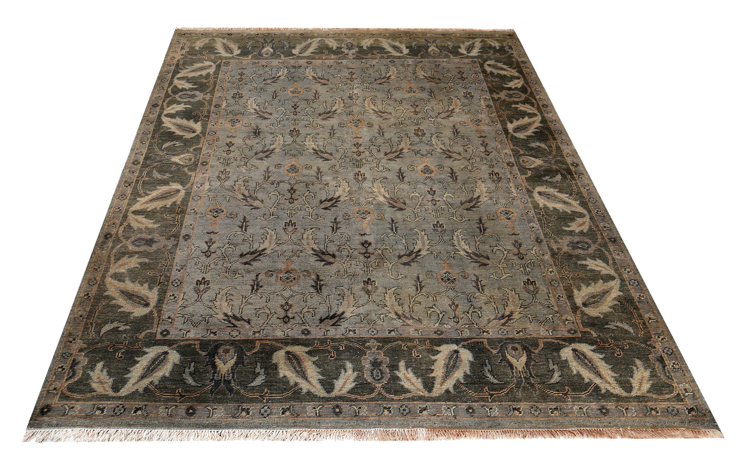 Antique Washed Blue Grey Sage Green Ivory Turkish Ziegler Floral Vine Hand Knotted Wool 8x10 Bhadohi Area Rug