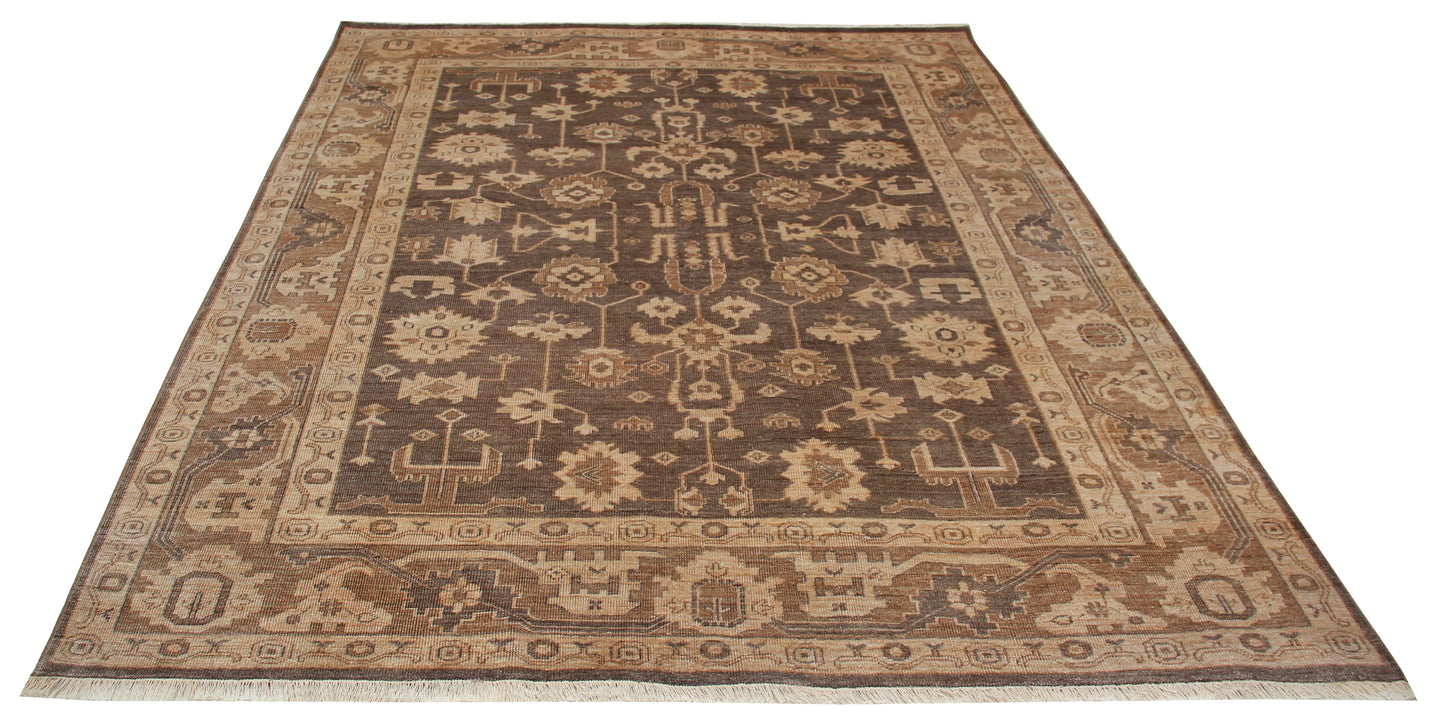 Antique Style Vintage Look Oushak Floral Hand Knotted Brown Beige 8x10 Wool Area Rug