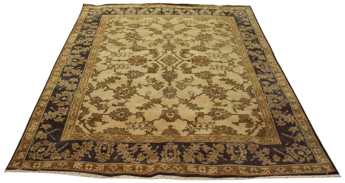 Antique Style Vintage Look Oushak Floral Hand Knotted Beige Brown 8x10 Wool Area Rug