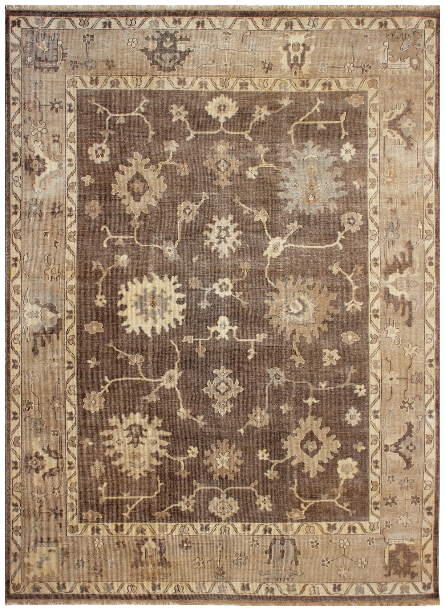 Oriental Oushak Hand Knotted Brown Beige 8x10 Wool Area Rug - Vintage Style Antique Look