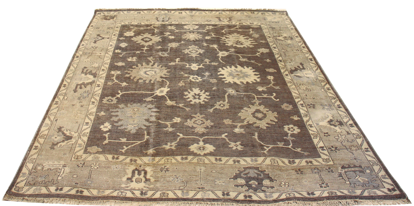 Oriental Oushak Hand Knotted Brown Beige 8x10 Wool Area Rug - Vintage Style Antique Look
