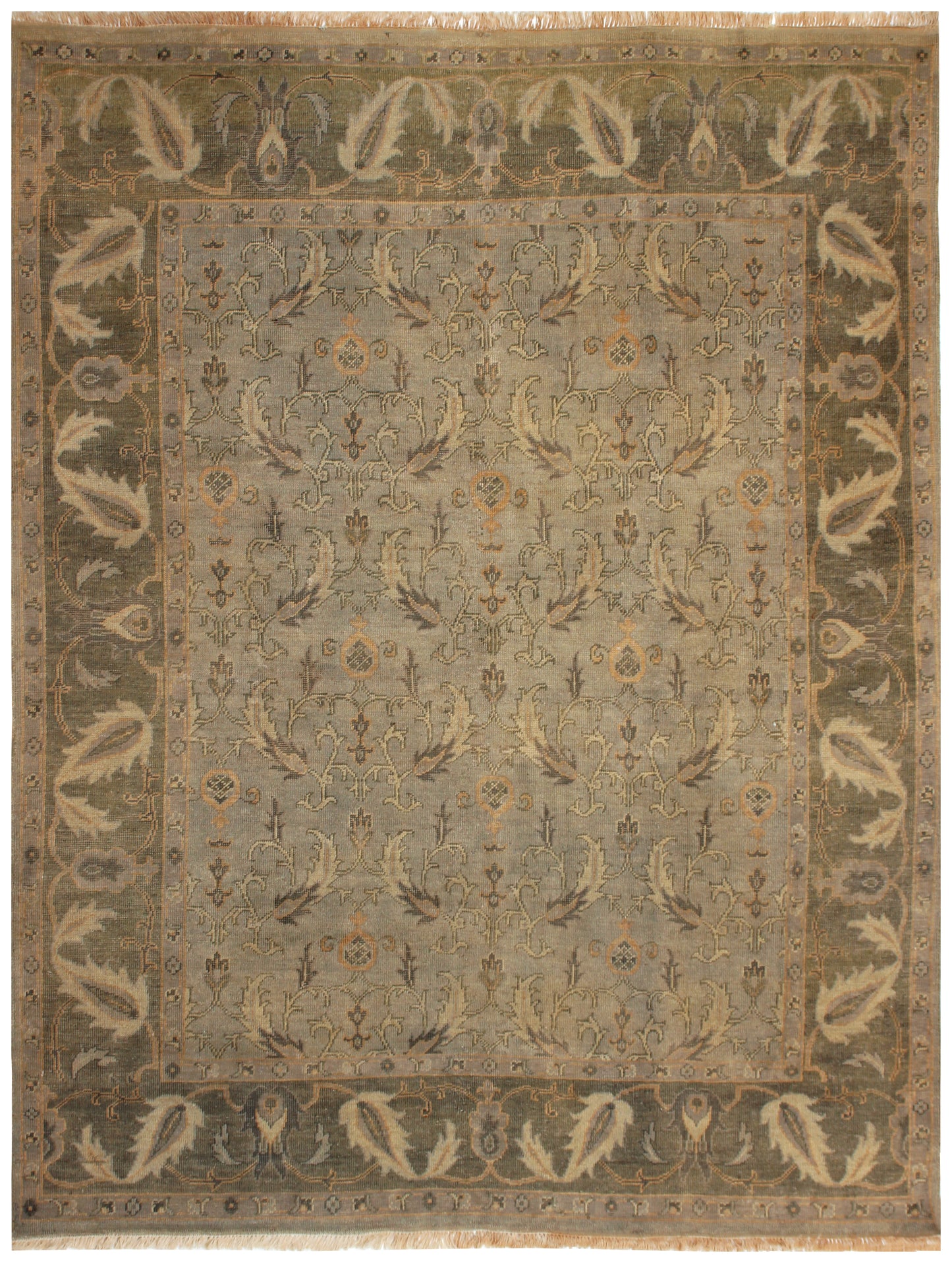 Hand Knotted Green Beige 8x10 Wool Area Rug - Oriental Oushak Vintage Antique Style