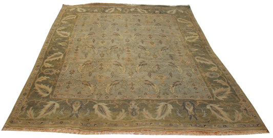 Hand Knotted Green Beige 8x10 Wool Area Rug - Oriental Oushak Vintage Antique Style