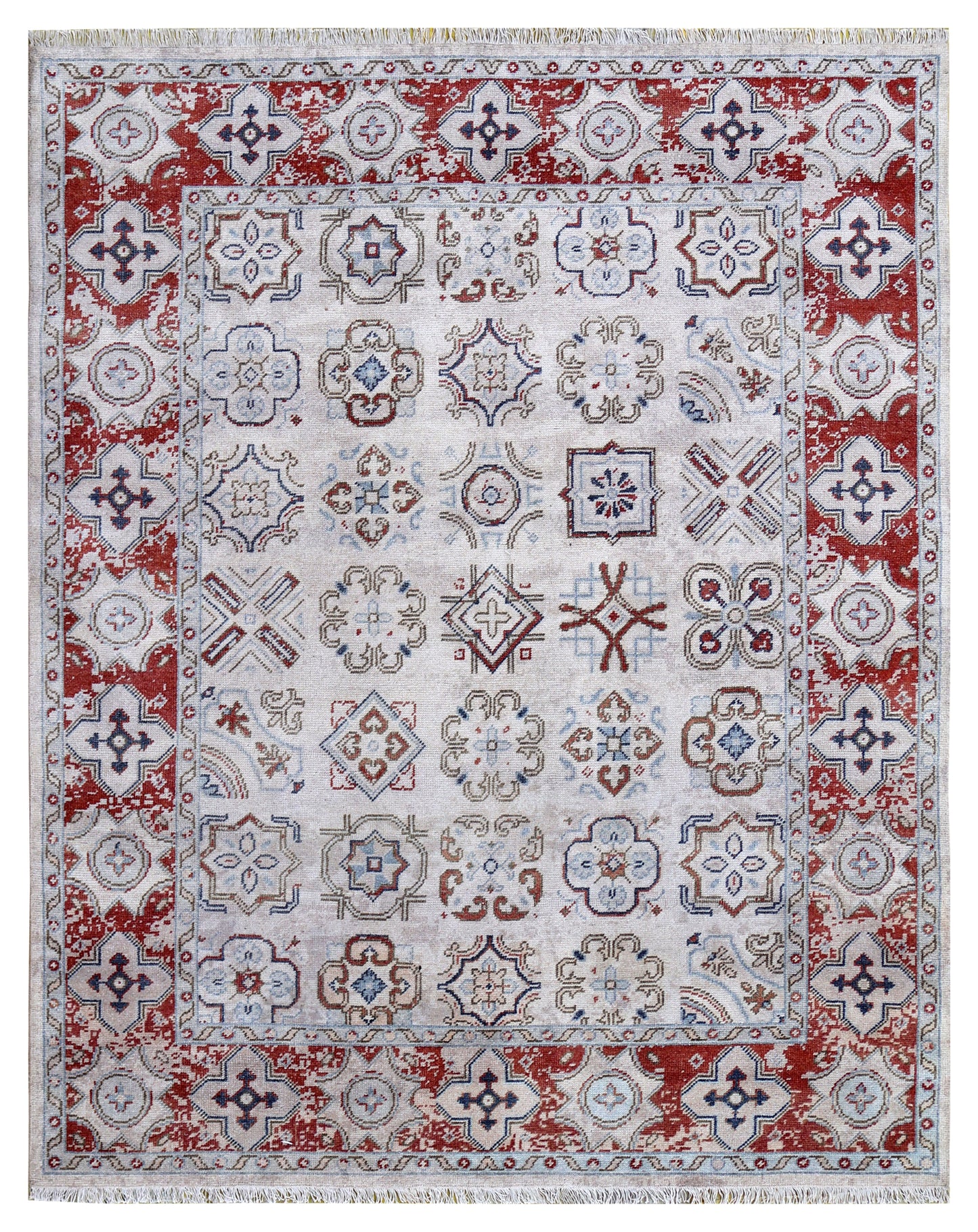 Ivory Maroon Geometric Tile Panel Wool Viscose Hand Knotted Antique 8x10 Area Rug