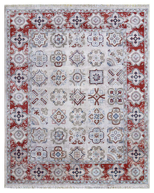Ivory Maroon Geometric Tile Panel Wool Viscose Hand Knotted Antique 8x10 Area Rug