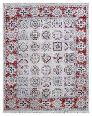 Ivory Maroon Geometric Tile Panel Wool Viscose Hand Knotted Antique 8x10 Area Rug