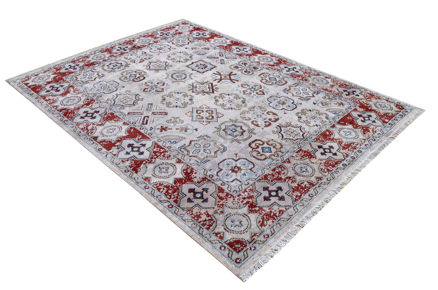 Ivory Maroon Geometric Tile Panel Wool Viscose Hand Knotted Antique 8x10 Area Rug