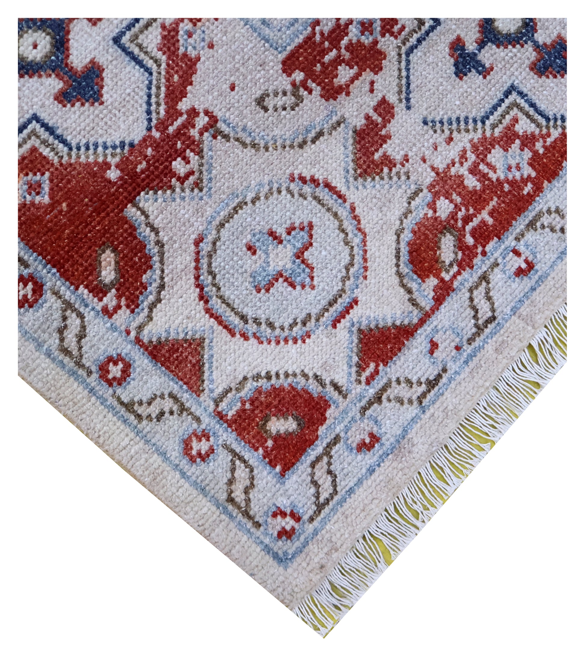 Ivory Maroon Geometric Tile Panel Wool Viscose Hand Knotted Antique 8x10 Area Rug