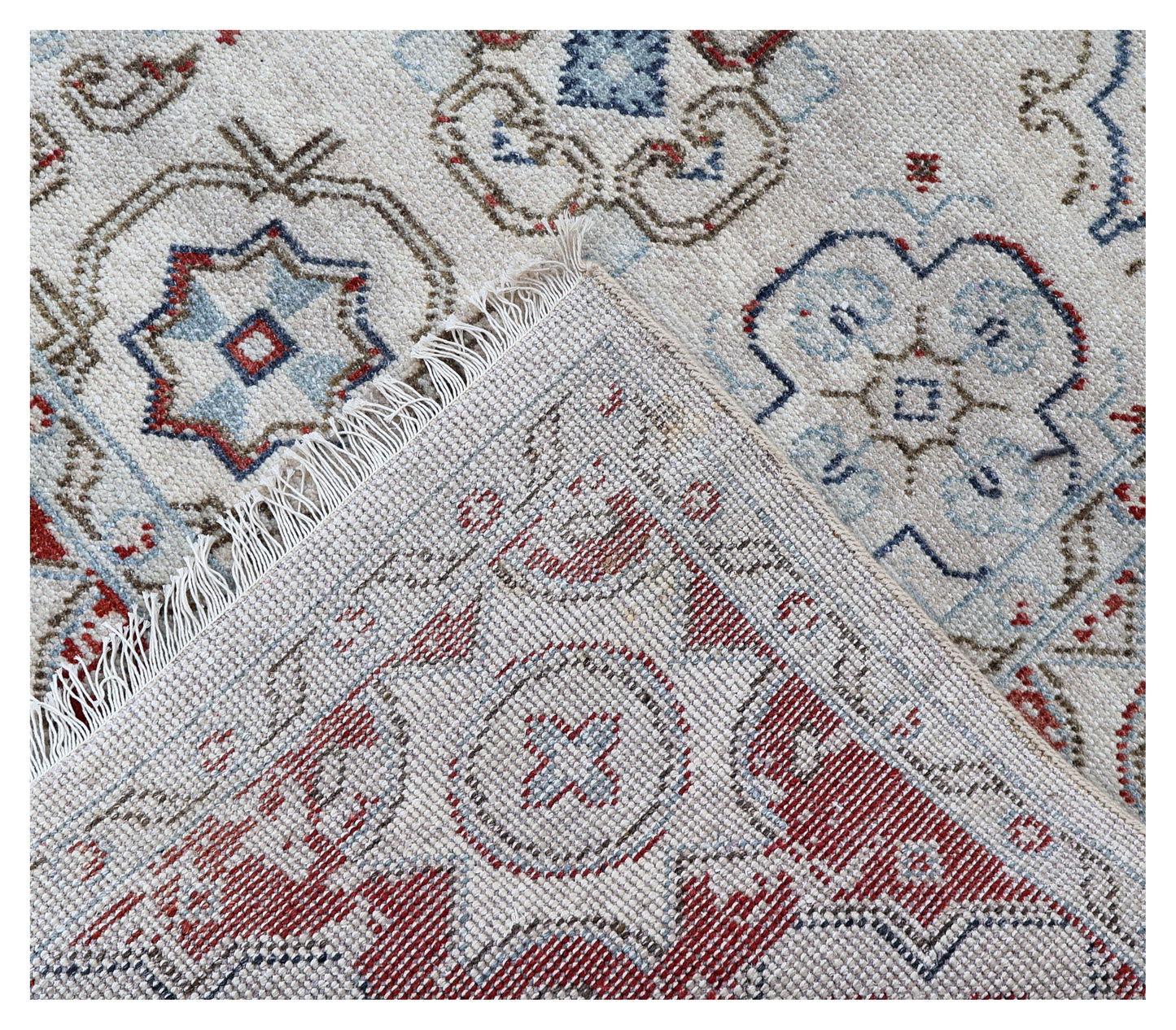 Ivory Maroon Geometric Tile Panel Wool Viscose Hand Knotted Antique 8x10 Area Rug