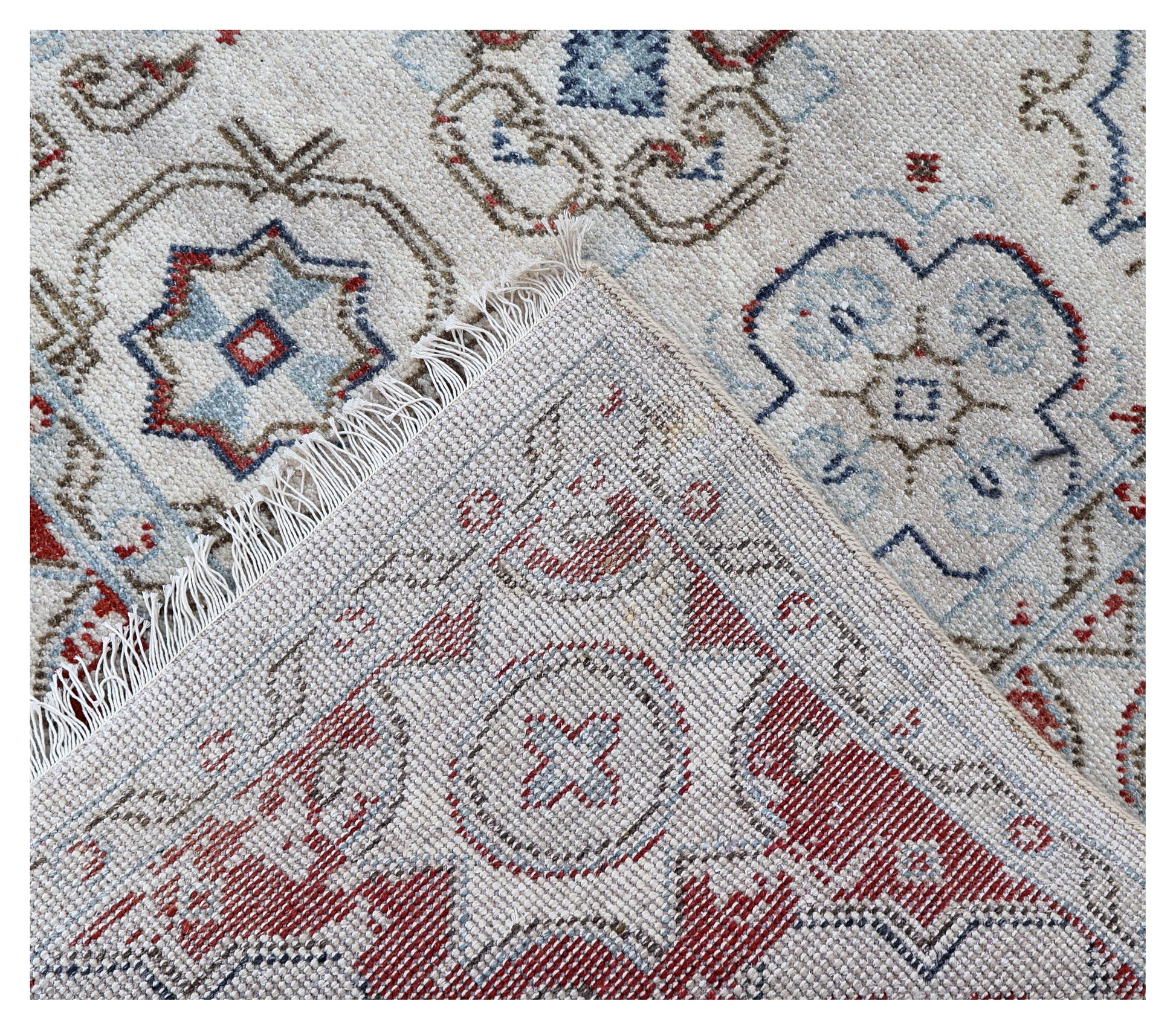 Ivory Maroon Geometric Tile Panel Wool Viscose Hand Knotted Antique 8x10 Area Rug