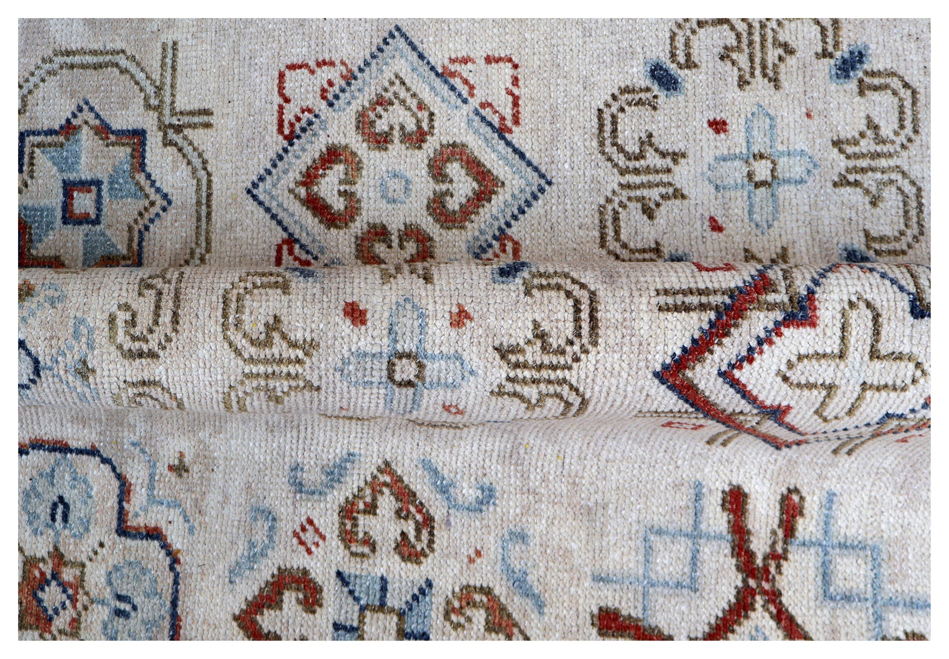 Ivory Maroon Geometric Tile Panel Wool Viscose Hand Knotted Antique 8x10 Area Rug