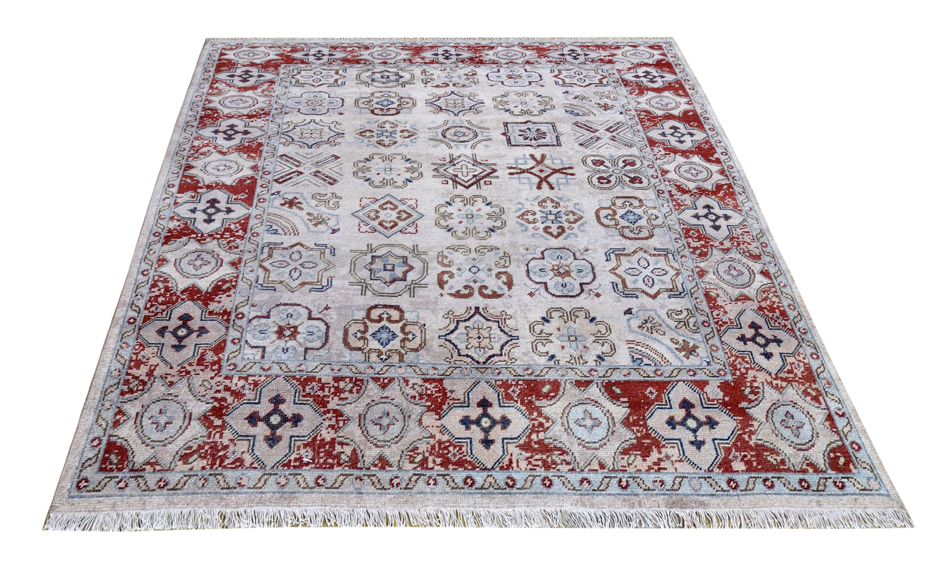Ivory Maroon Geometric Tile Panel Wool Viscose Hand Knotted Antique 8x10 Area Rug