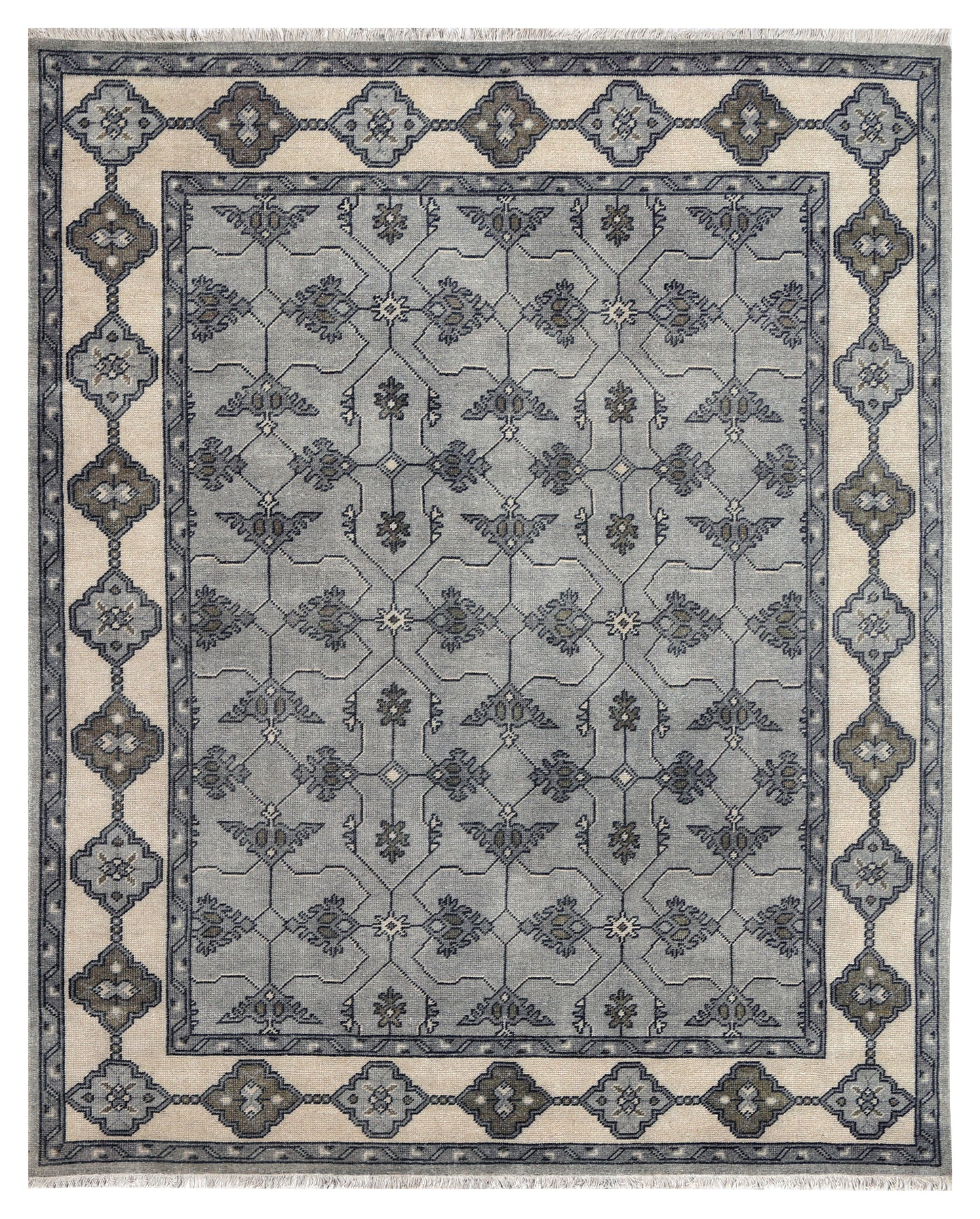 Steel Blue Grey Ivory Charcoal Geometric Trellis Lattice Hand Knotted Wool Viscose 8x10 Bhadohi Area Rug