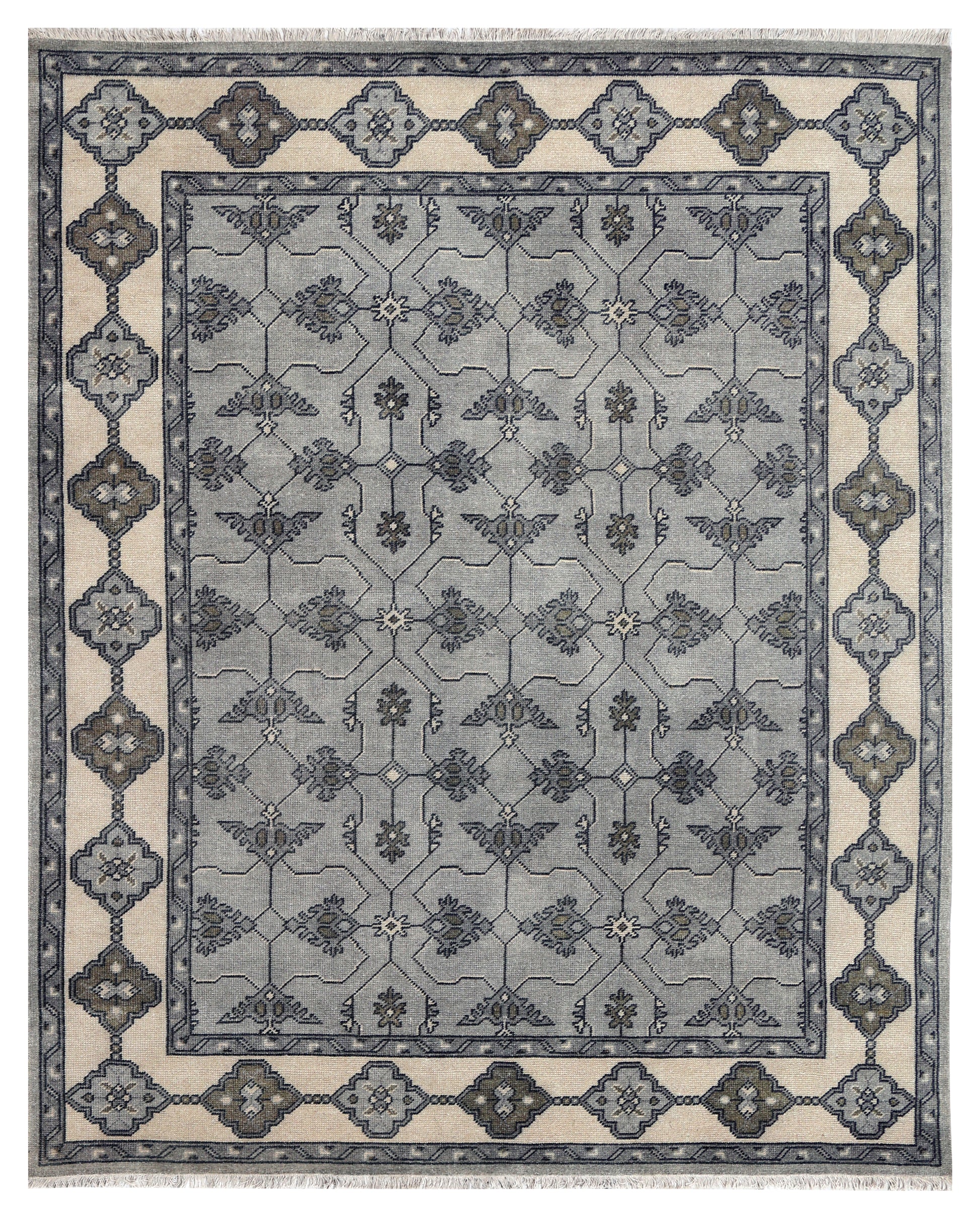 Steel Blue Grey Ivory Charcoal Geometric Trellis Lattice Hand Knotted Wool Viscose 8x10 Bhadohi Area Rug