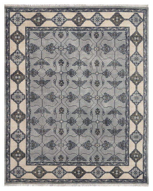Steel Blue Grey Ivory Charcoal Geometric Trellis Lattice Hand Knotted Wool Viscose 8x10 Bhadohi Area Rug
