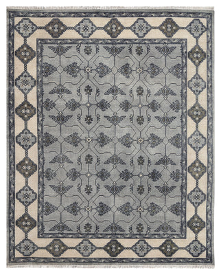 Steel Blue Grey Ivory Charcoal Geometric Trellis Lattice Hand Knotted Wool Viscose 8x10 Bhadohi Area Rug