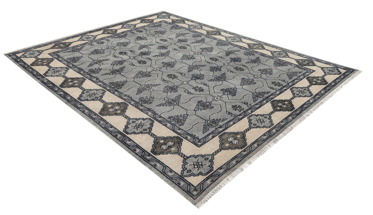 Steel Blue Grey Ivory Charcoal Geometric Trellis Lattice Hand Knotted Wool Viscose 8x10 Bhadohi Area Rug