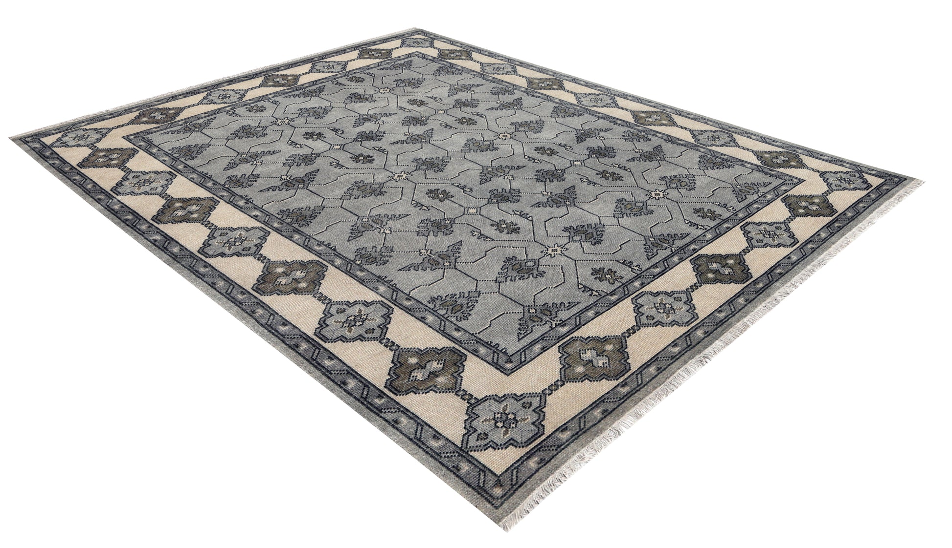Steel Blue Grey Ivory Charcoal Geometric Trellis Lattice Hand Knotted Wool Viscose 8x10 Bhadohi Area Rug