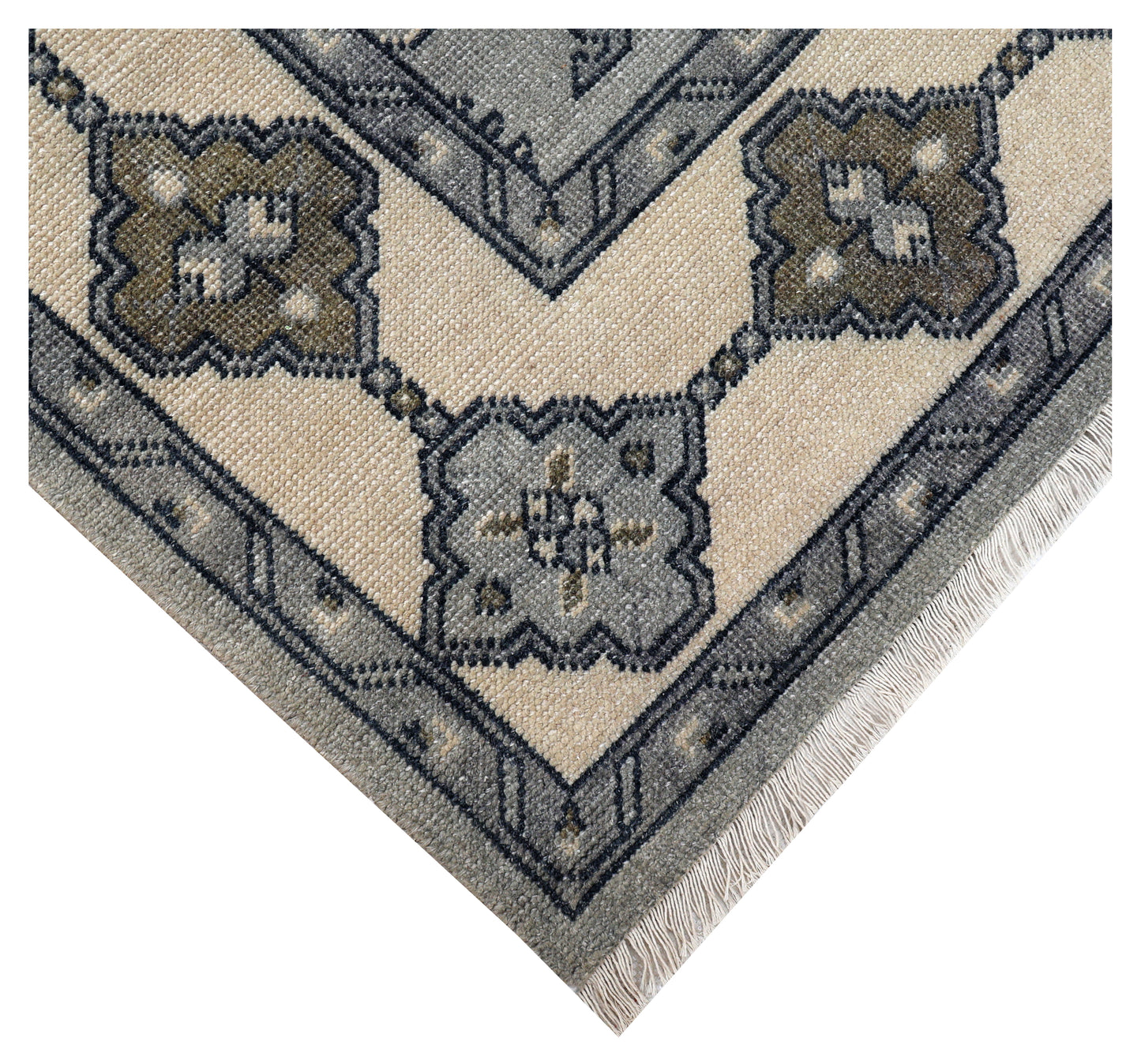 Steel Blue Grey Ivory Charcoal Geometric Trellis Lattice Hand Knotted Wool Viscose 8x10 Bhadohi Area Rug