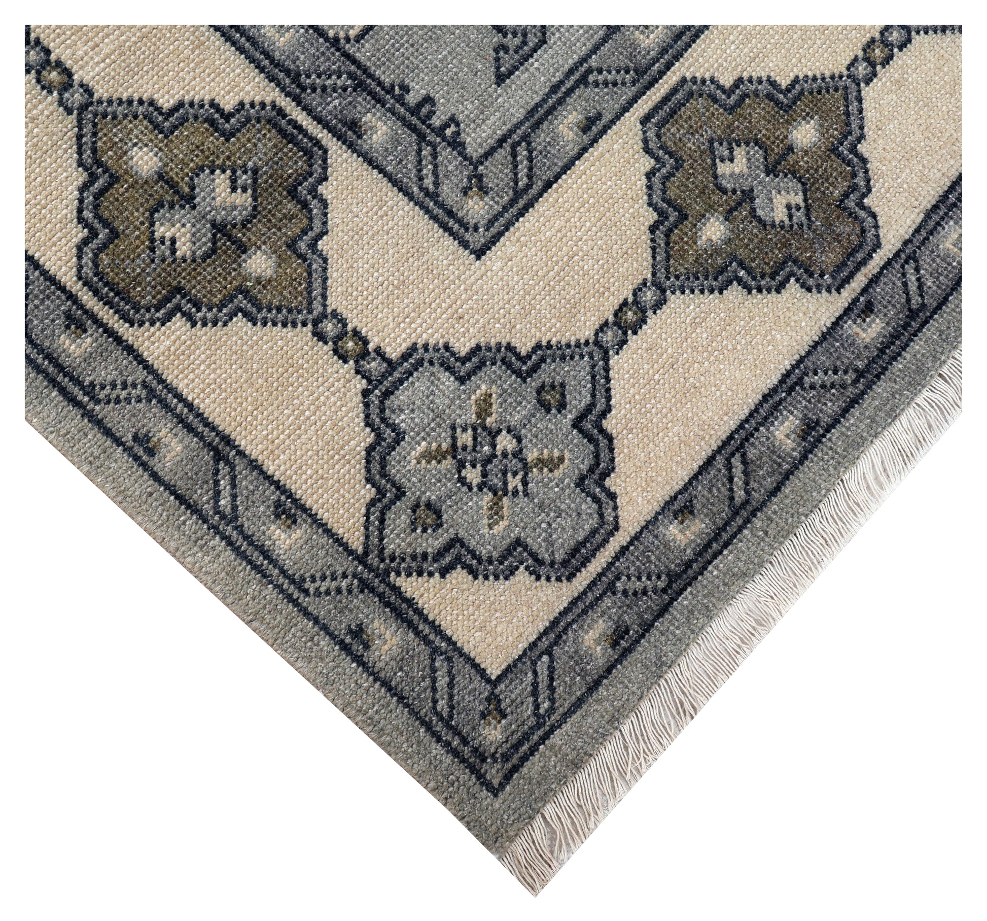 Steel Blue Grey Ivory Charcoal Geometric Trellis Lattice Hand Knotted Wool Viscose 8x10 Bhadohi Area Rug