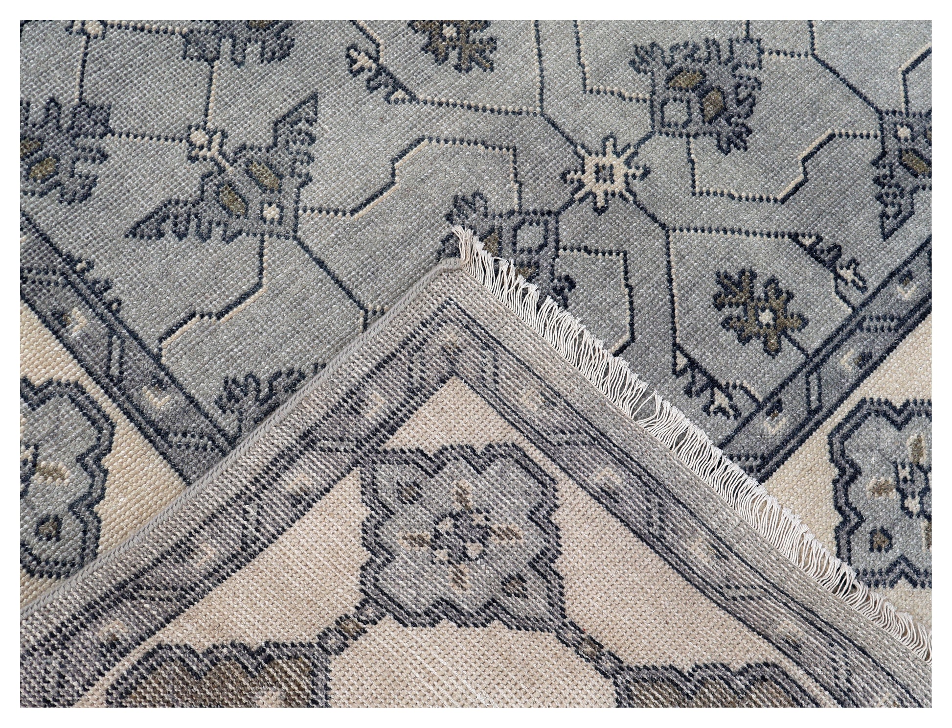 Steel Blue Grey Ivory Charcoal Geometric Trellis Lattice Hand Knotted Wool Viscose 8x10 Bhadohi Area Rug