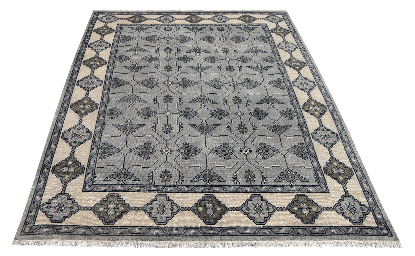 Steel Blue Grey Ivory Charcoal Geometric Trellis Lattice Hand Knotted Wool Viscose 8x10 Bhadohi Area Rug