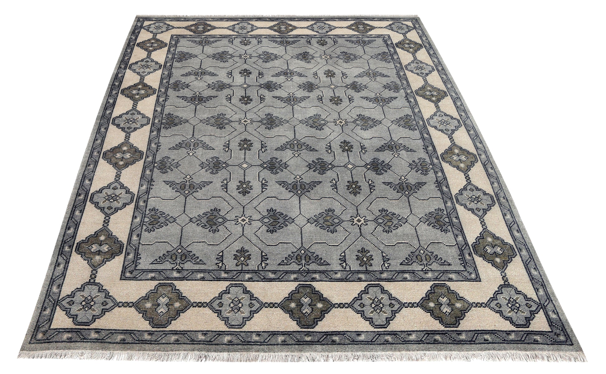 Steel Blue Grey Ivory Charcoal Geometric Trellis Lattice Hand Knotted Wool Viscose 8x10 Bhadohi Area Rug
