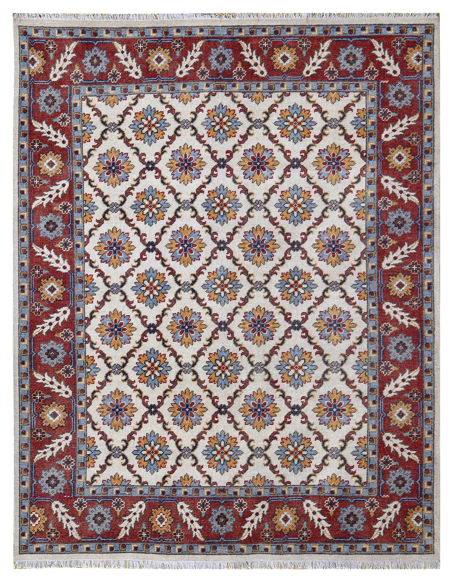 Ivory Rust Gold Kazak Geometric Star Rosette Trellis Wool Hand Knotted Traditional 8x10 Area Rug