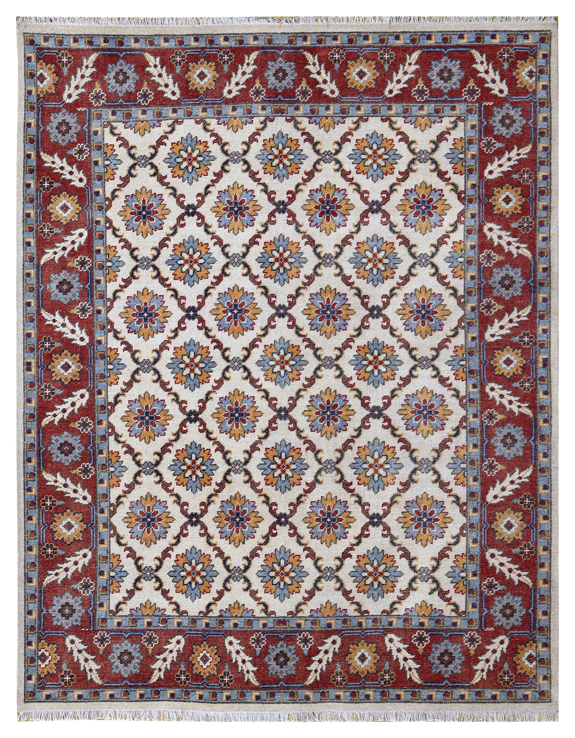 Ivory Rust Gold Kazak Geometric Star Rosette Trellis Wool Hand Knotted Traditional 8x10 Area Rug