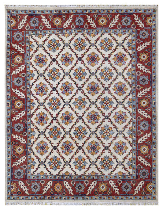 Ivory Rust Gold Kazak Geometric Star Rosette Trellis Wool Hand Knotted Traditional 8x10 Area Rug