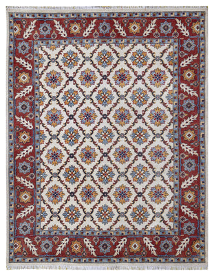 Ivory Rust Gold Kazak Geometric Star Rosette Trellis Wool Hand Knotted Traditional 8x10 Area Rug