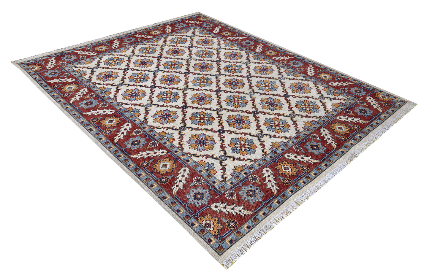 Ivory Rust Gold Kazak Geometric Star Rosette Trellis Wool Hand Knotted Traditional 8x10 Area Rug