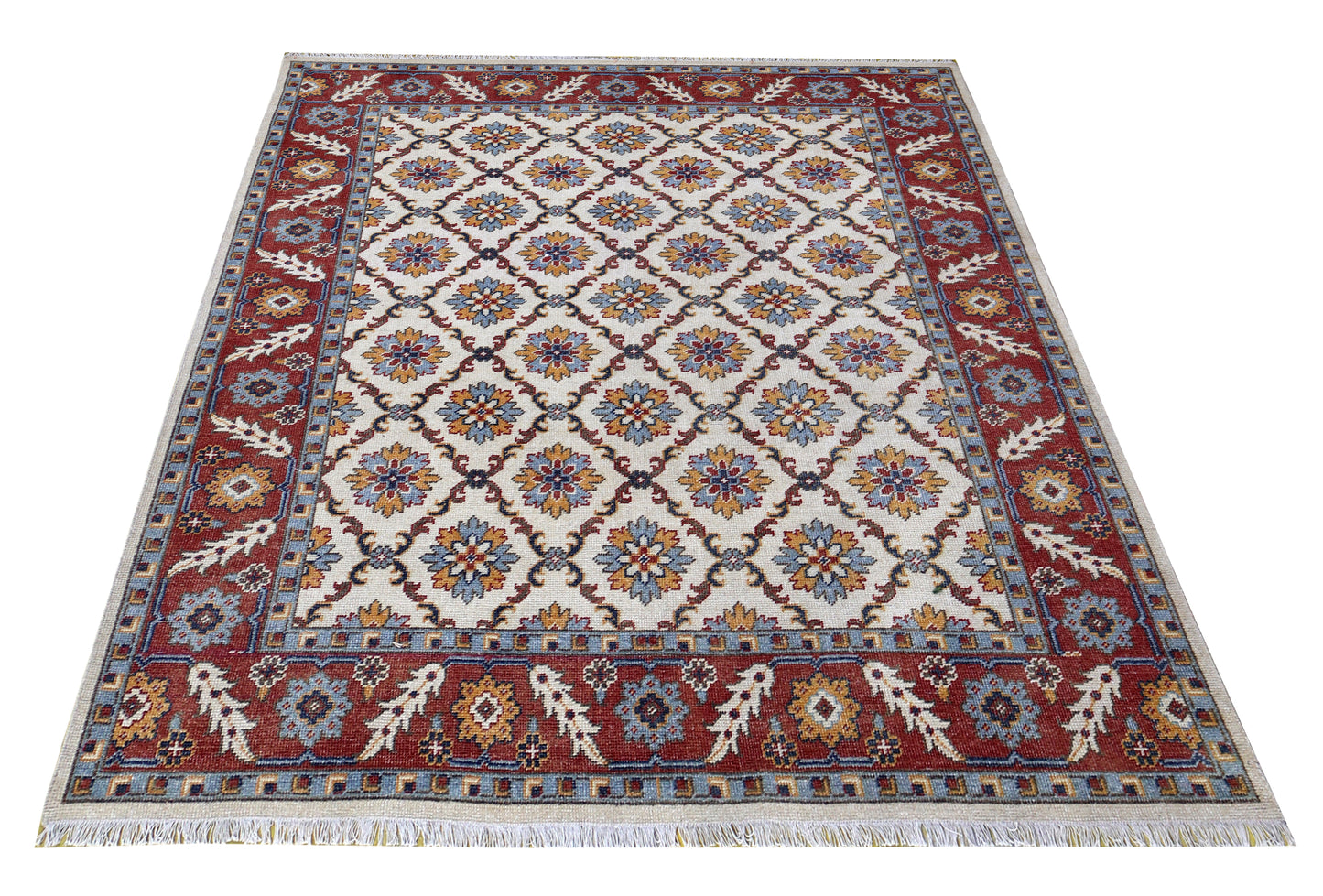 Ivory Rust Gold Kazak Geometric Star Rosette Trellis Wool Hand Knotted Traditional 8x10 Area Rug