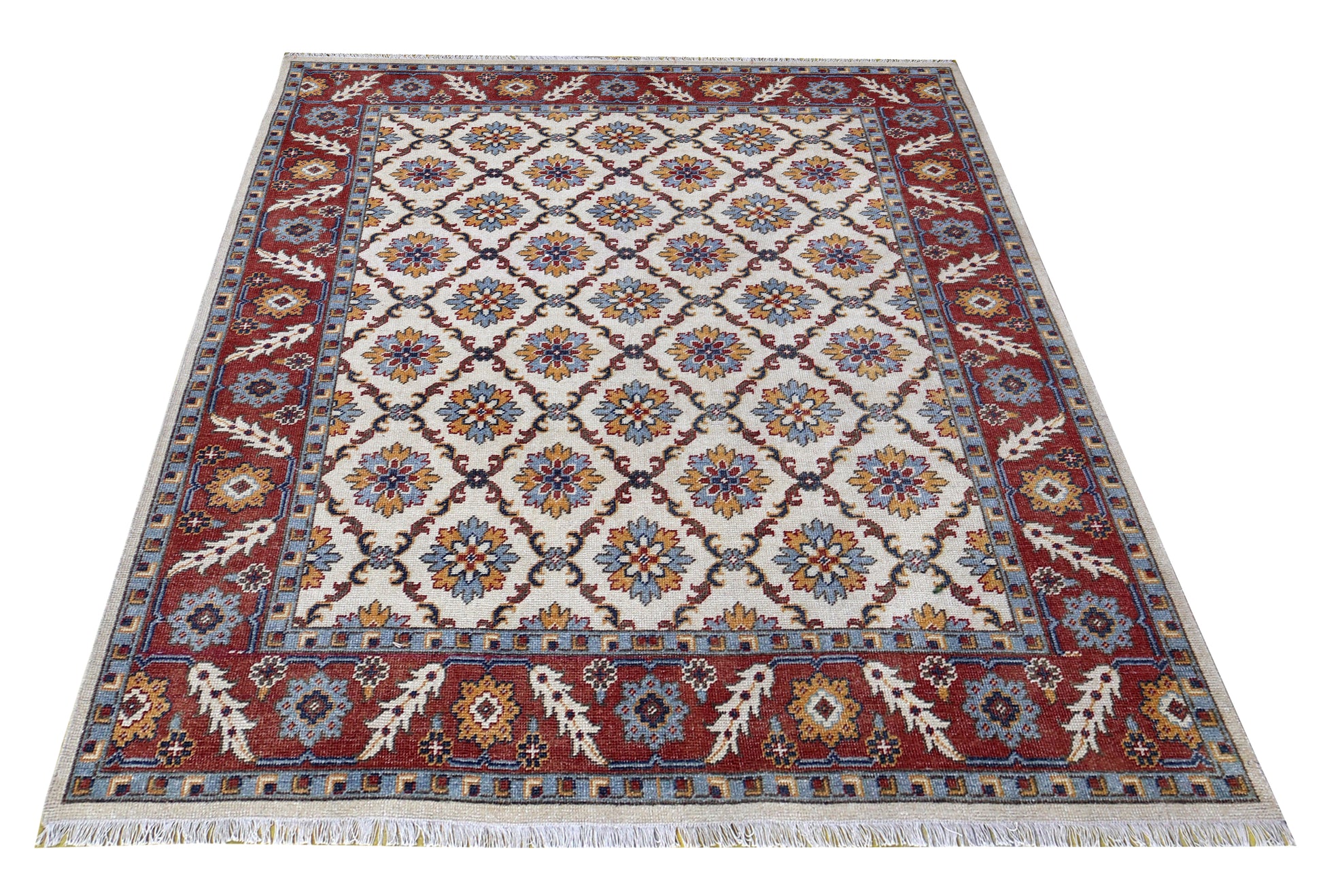Ivory Rust Gold Kazak Geometric Star Rosette Trellis Wool Hand Knotted Traditional 8x10 Area Rug