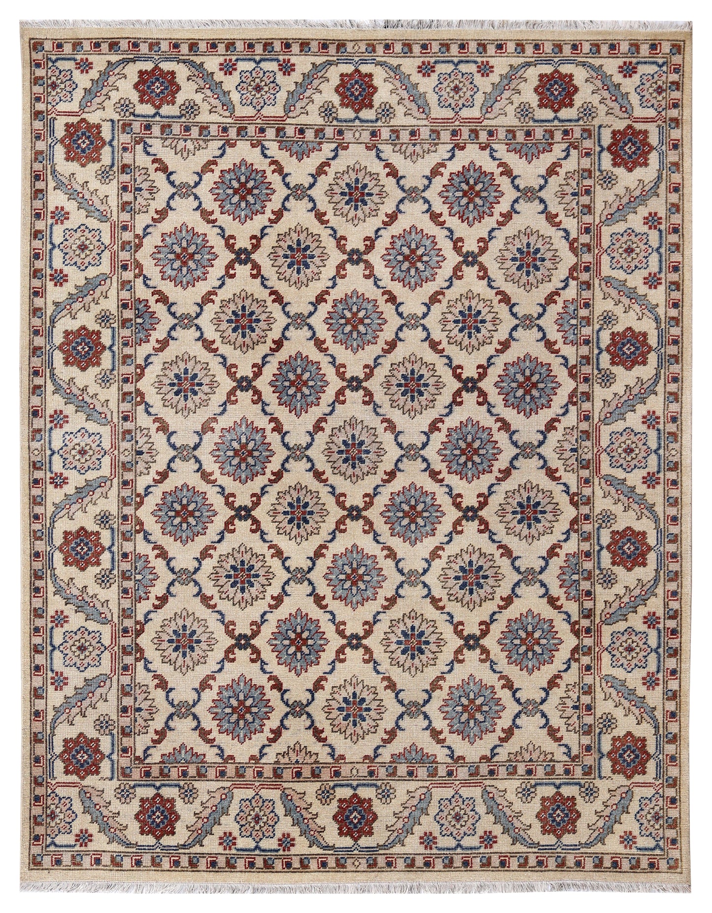 Ivory Brown Teal Blue Grey Crimson Kazak Rosette Geometric Hand Knotted Wool Viscose 8x10 Bhadohi Area Rug