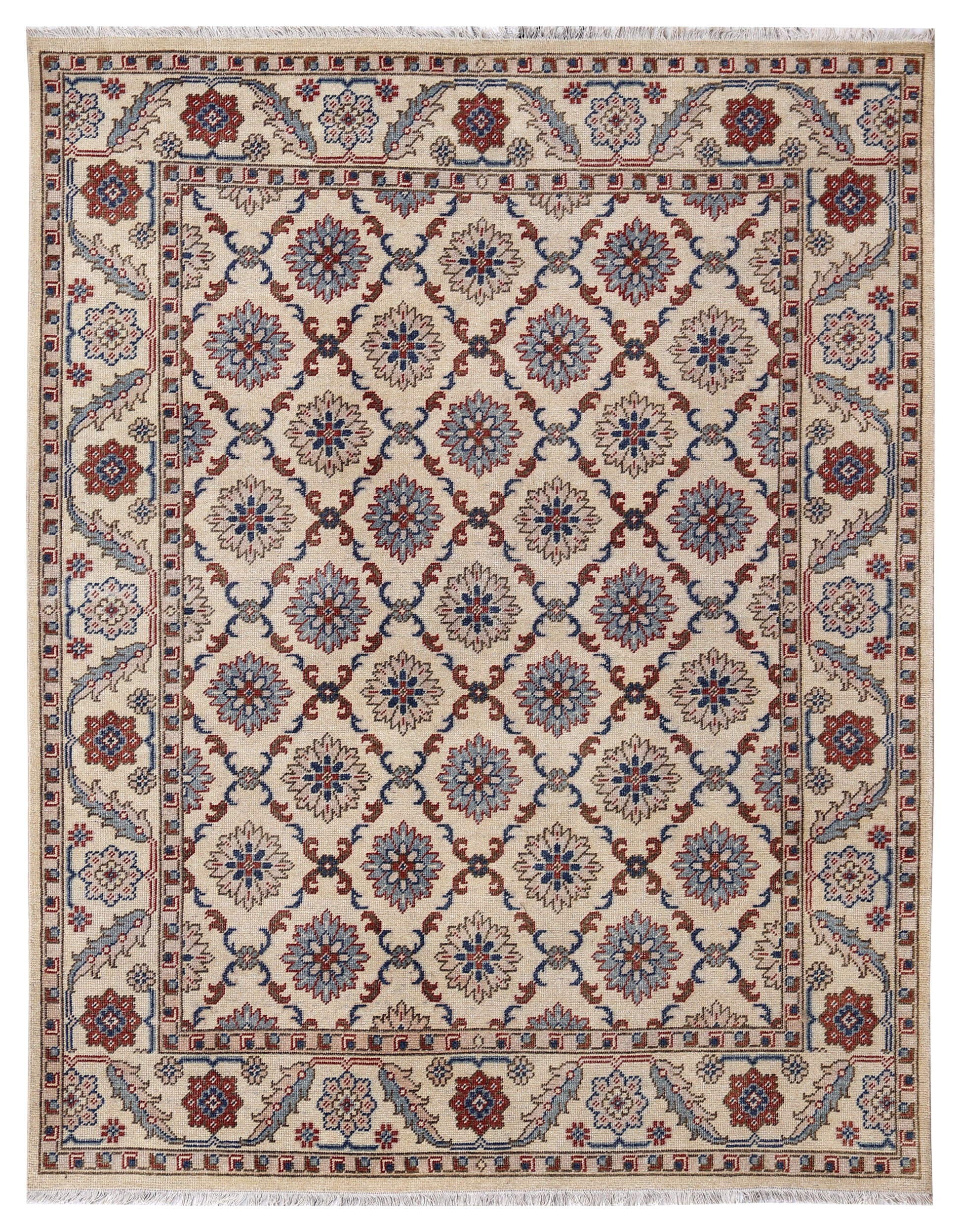 Ivory Brown Teal Blue Grey Crimson Kazak Rosette Geometric Hand Knotted Wool Viscose 8x10 Bhadohi Area Rug