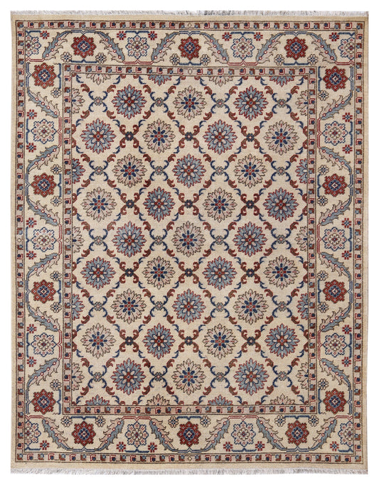 Ivory Brown Teal Blue Grey Crimson Kazak Rosette Geometric Hand Knotted Wool Viscose 8x10 Bhadohi Area Rug