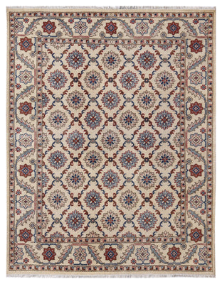 Ivory Brown Teal Blue Grey Crimson Kazak Rosette Geometric Hand Knotted Wool Viscose 8x10 Bhadohi Area Rug