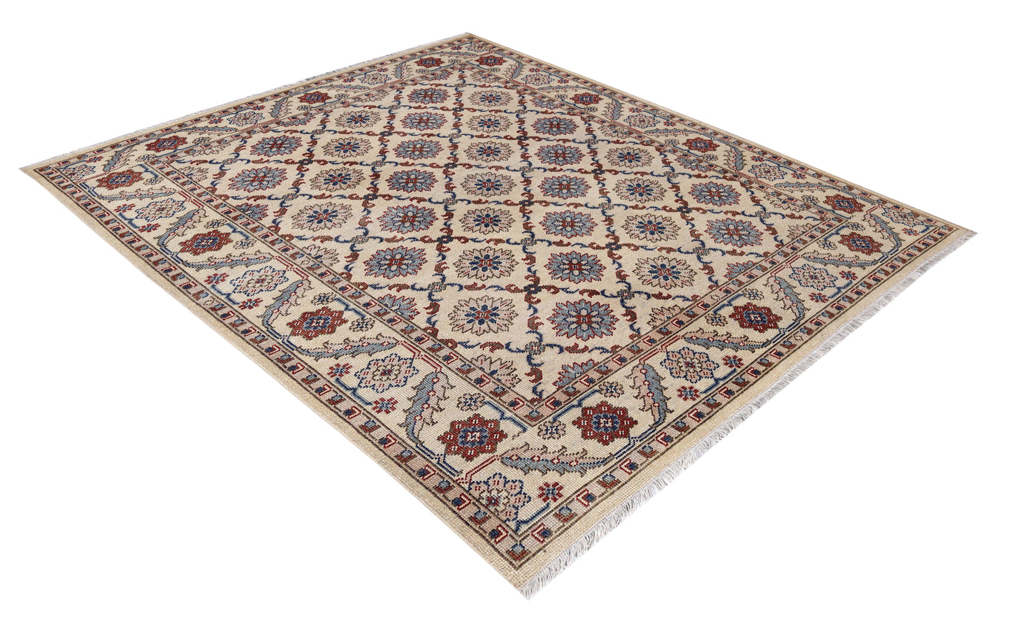 Ivory Brown Teal Blue Grey Crimson Kazak Rosette Geometric Hand Knotted Wool Viscose 8x10 Bhadohi Area Rug