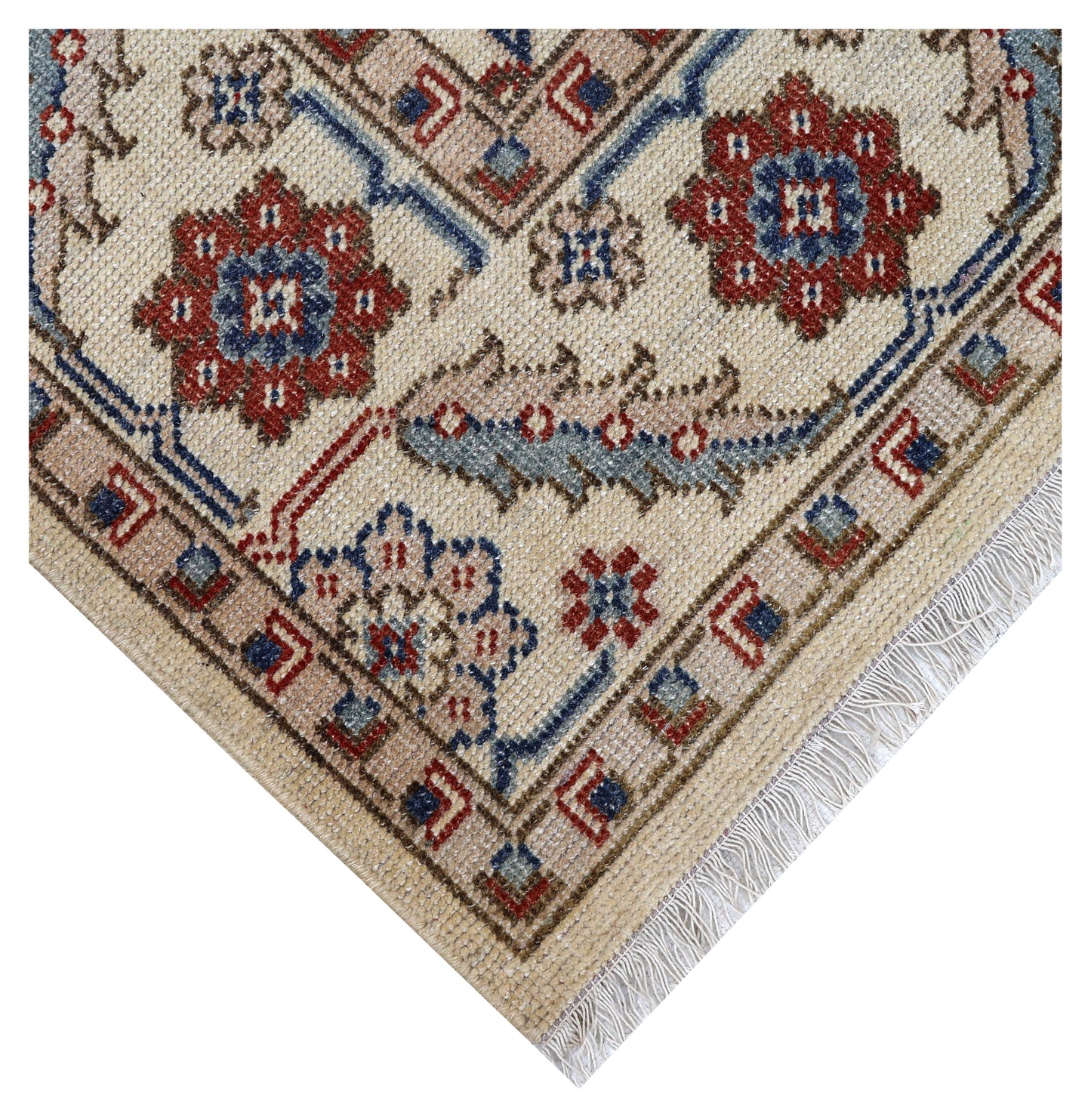 Ivory Brown Teal Blue Grey Crimson Kazak Rosette Geometric Hand Knotted Wool Viscose 8x10 Bhadohi Area Rug