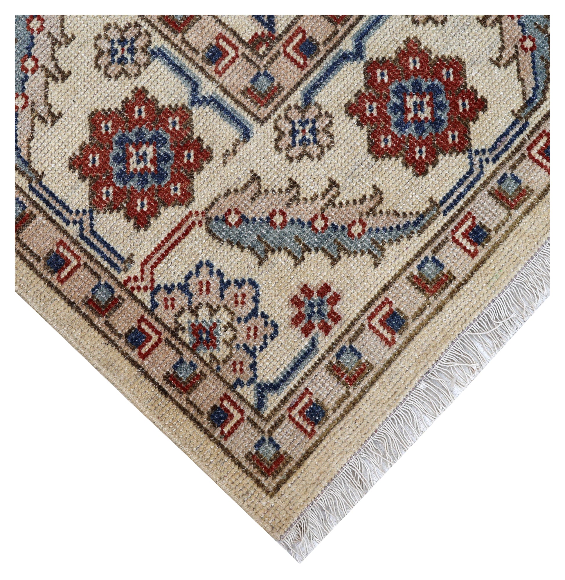 Ivory Brown Teal Blue Grey Crimson Kazak Rosette Geometric Hand Knotted Wool Viscose 8x10 Bhadohi Area Rug