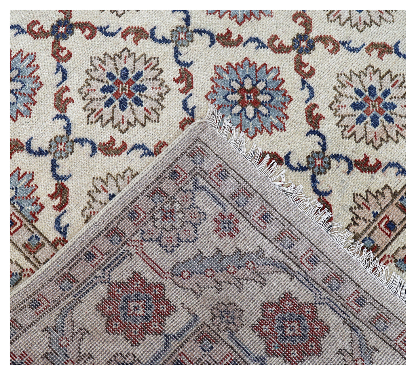 Ivory Brown Teal Blue Grey Crimson Kazak Rosette Geometric Hand Knotted Wool Viscose 8x10 Bhadohi Area Rug