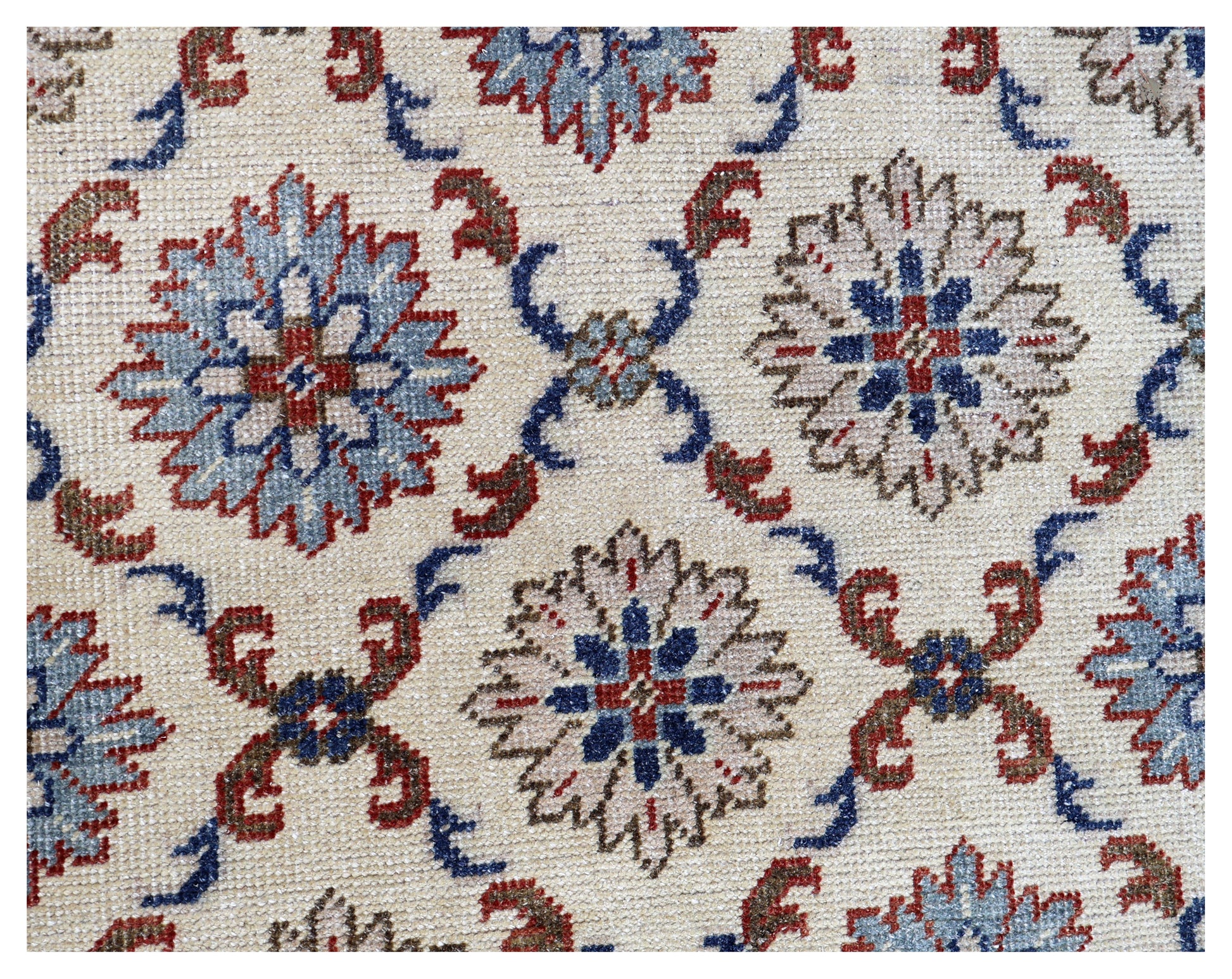 Ivory Brown Teal Blue Grey Crimson Kazak Rosette Geometric Hand Knotted Wool Viscose 8x10 Bhadohi Area Rug