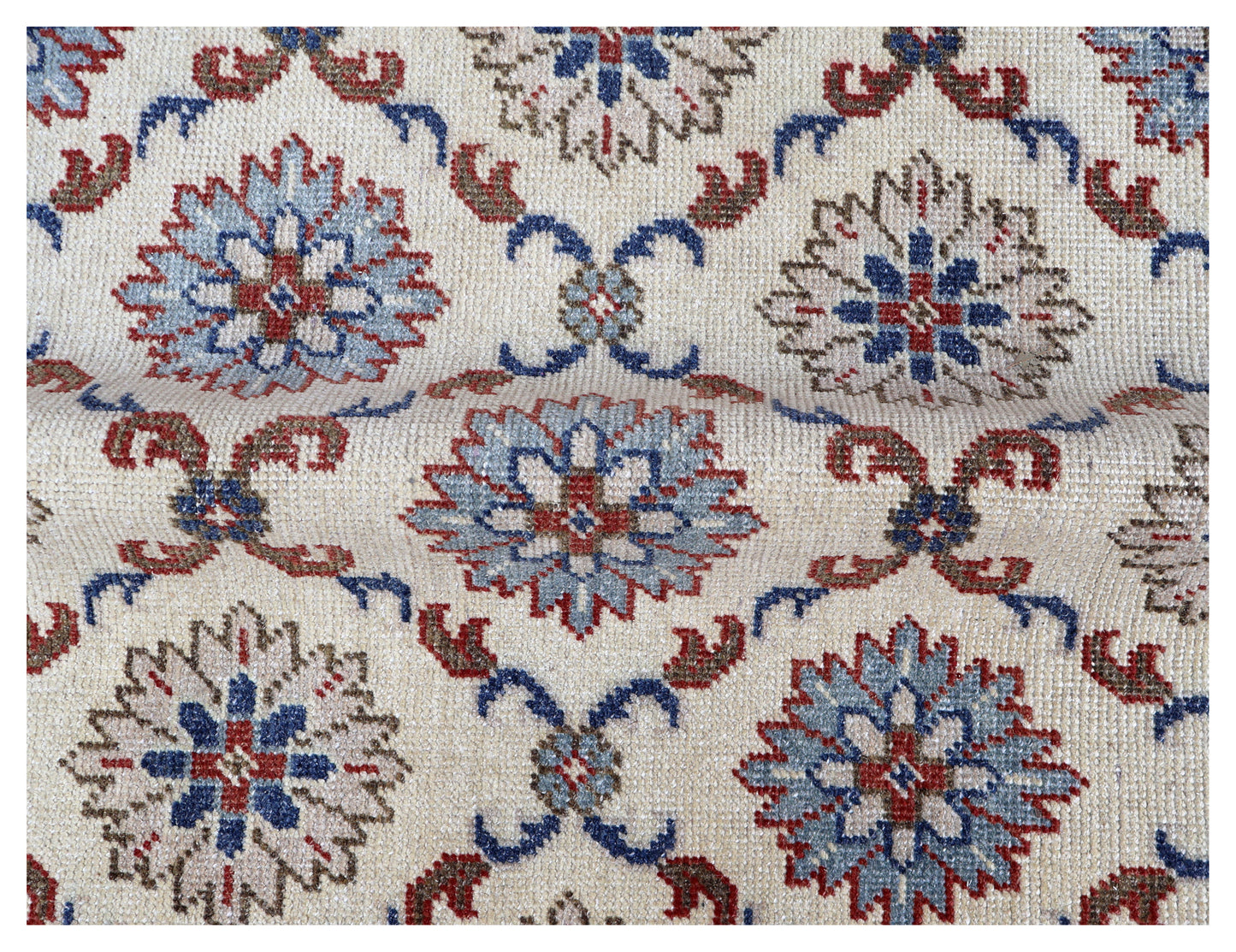 Ivory Brown Teal Blue Grey Crimson Kazak Rosette Geometric Hand Knotted Wool Viscose 8x10 Bhadohi Area Rug