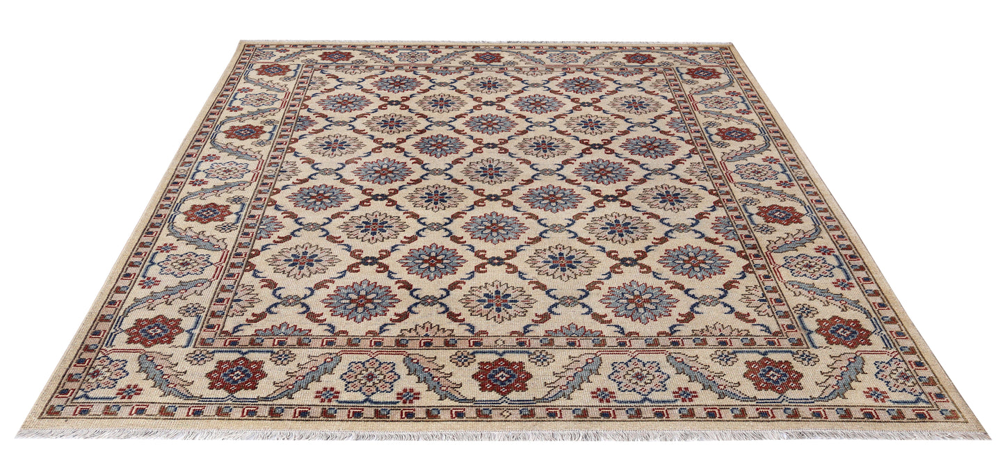 Ivory Brown Teal Blue Grey Crimson Kazak Rosette Geometric Hand Knotted Wool Viscose 8x10 Bhadohi Area Rug