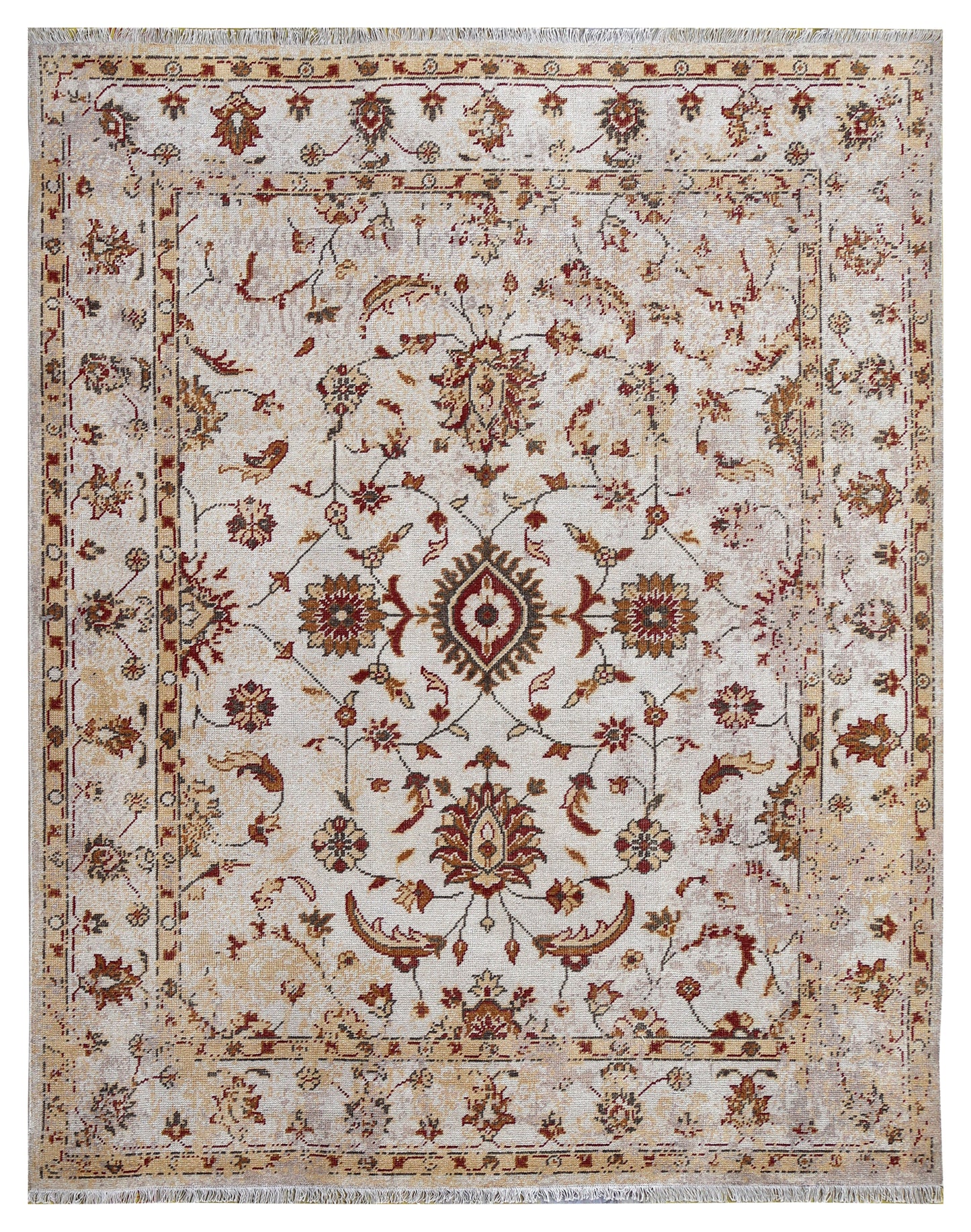 Ivory Red Green Ziegler Floral Medallion Wool Viscose Hand Knotted Vintage 8x10 Area Rug